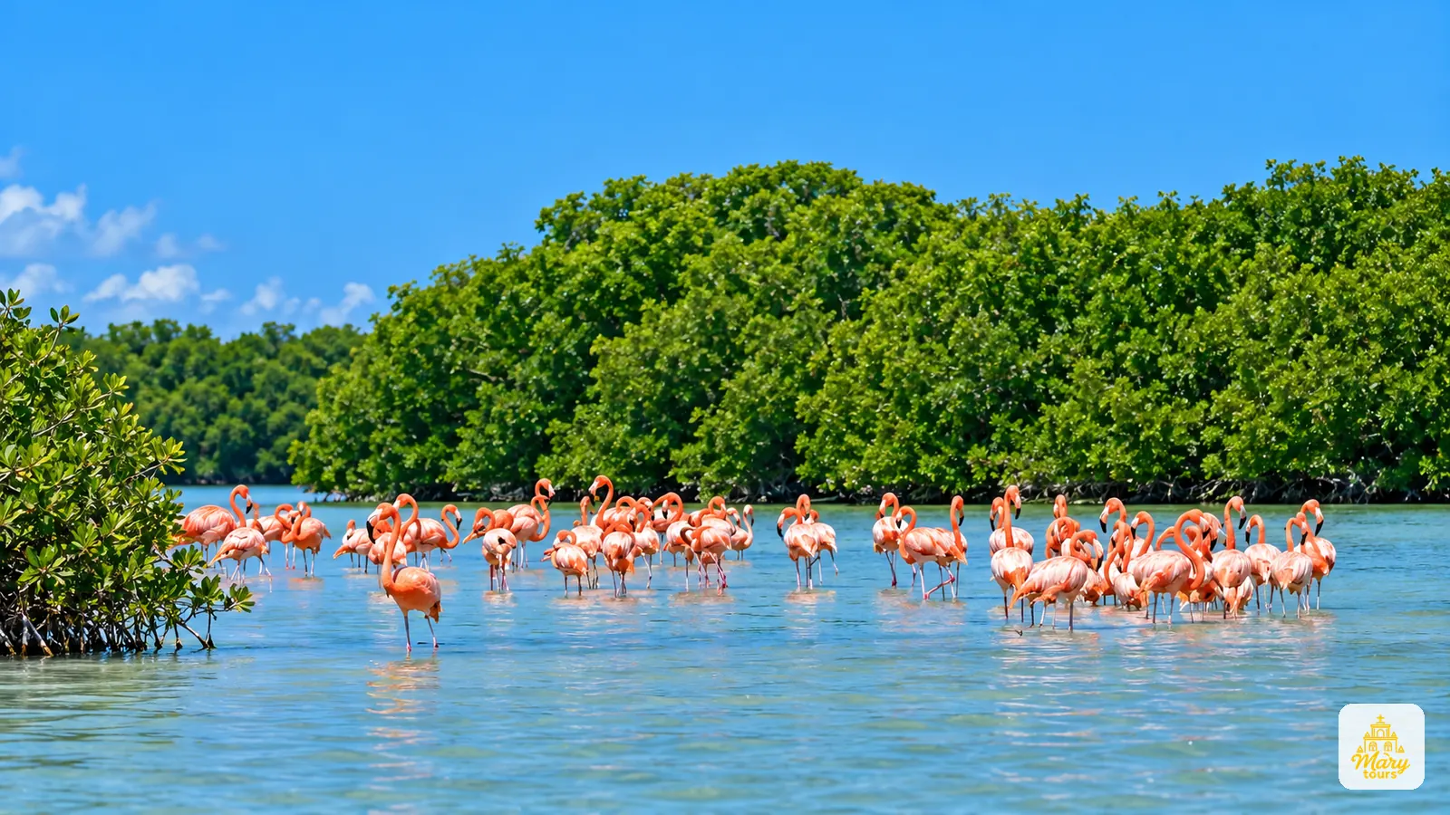 Flamingos in Celestún estuary surrounded by mangroves