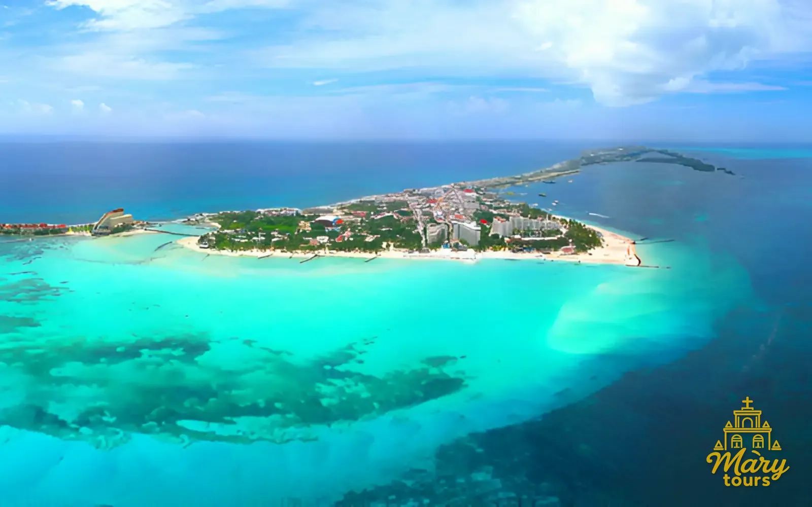 Aerial view of Isla Mujeres surrounded by turquoise water